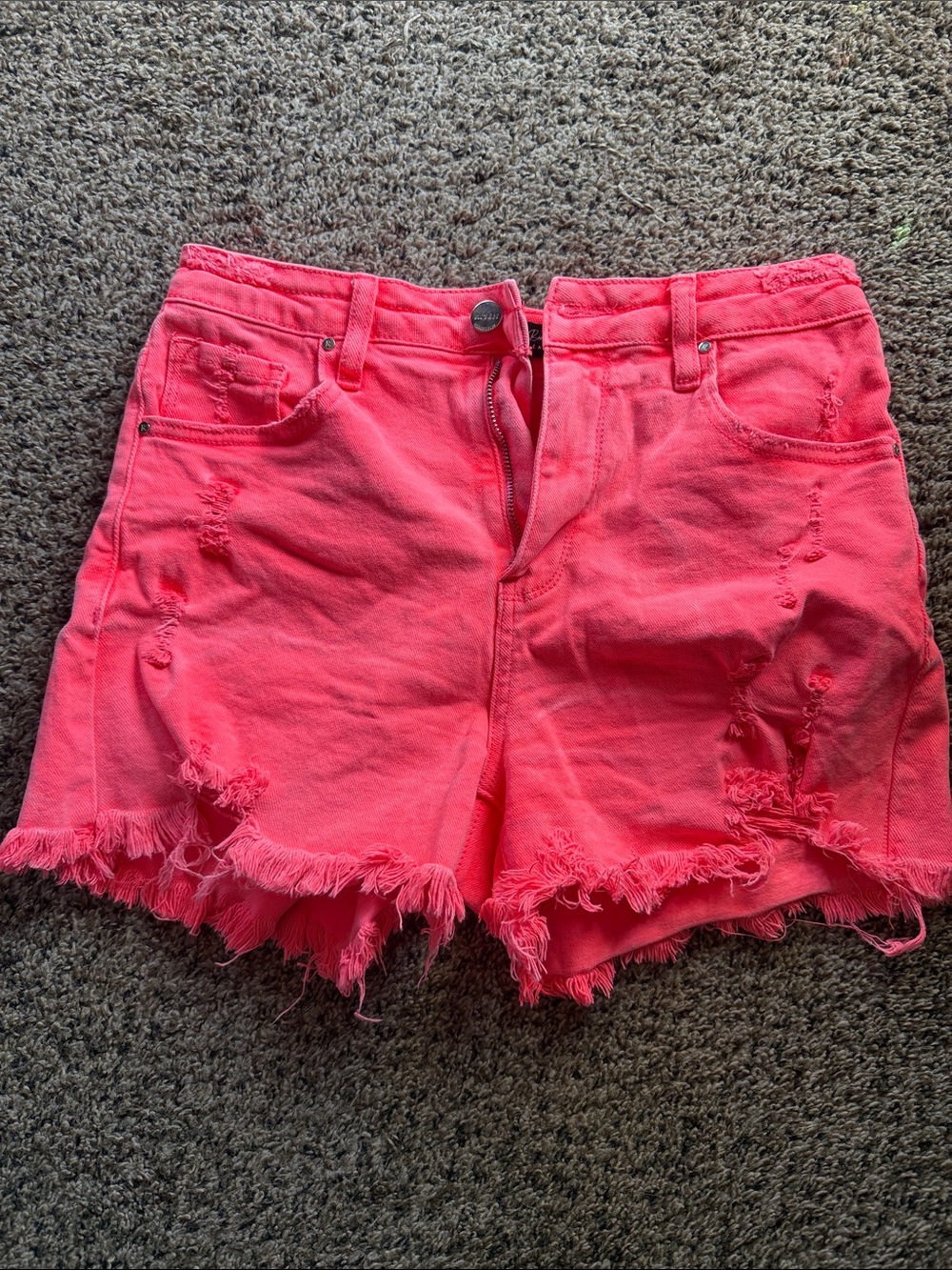 Neon Coral Distressed Frayed Hem Jean Shorts
